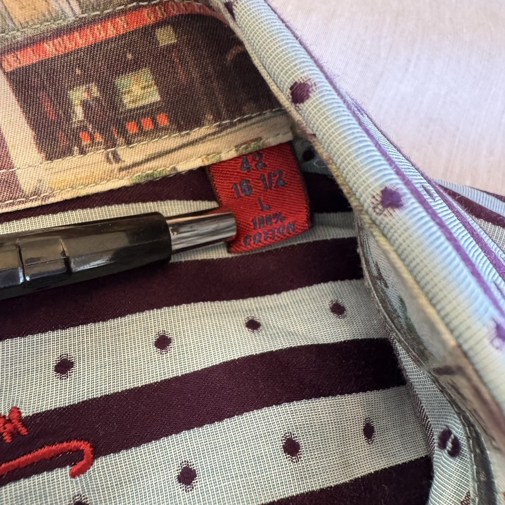 Robert Graham Button Down Shirt Mens Large Blue Brown Striped Contrast Cuff Dot - Picture 5 of 11